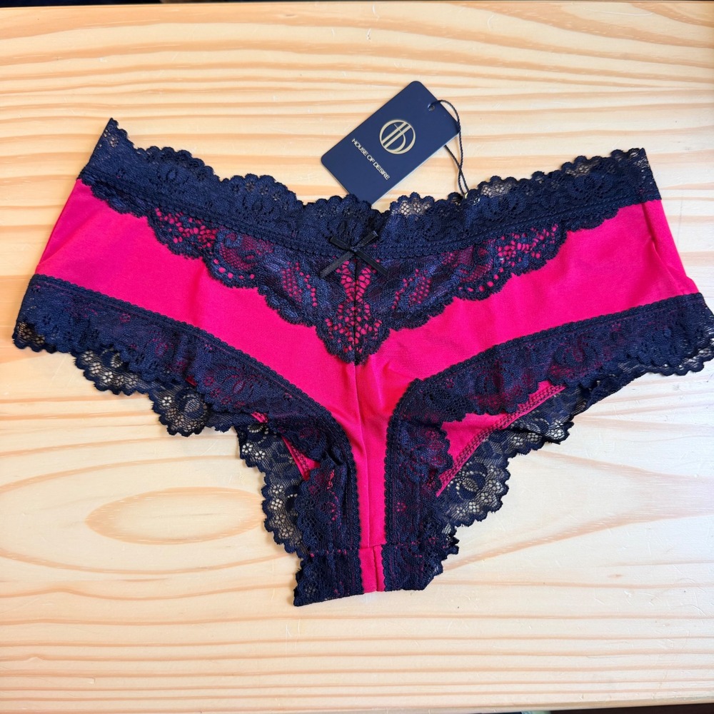 House of Desire Hot Pink Black Lace Cheeky Hipster Panty Size M Romantic Glam